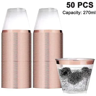 Set Aus 50 Plastikbechern Mit Goldrand, 26 Cl (9 Oz) Klare Weingläser Mit Roségoldenem Rand
