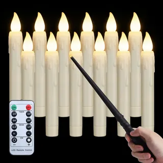 FREEPOWER 12er Schwebende LED Kerzen mit Zauberstab - Fernbedienung und Timer - Warmweiß Flackern - Batteriebetrieben Stabkerzen 17cm - Outdoor Wasserdicht