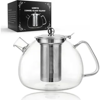 LIBWYS Teekanne Teekanne Glas 1,5L Borosilikat mit Edelstahlsieb Teekanne klar, 1,5 l, (Glas Teekanne 1500 ml mit Edelstahlsieb und Glasdeckel Set, Teekanne 1,5L mit Sieb Glasdeckel Griff für losen Tee Haushalt), Borosilikatglas hitzebeständig herausnehmbares Sieb 1,5L klar