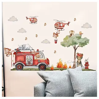 Montegoni Wandsticker Cartoon Feuerwehr Wandsticker, selbstklebend, Kinderzimmerdeko, Selbstklebend und wiederverwendbar, leicht anzubringen