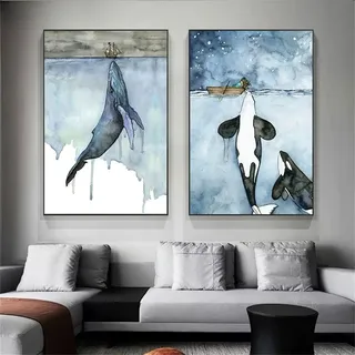 Sarah Duke Poster 2er Set, Blau Wal Aquarell Bilder Kunstposter, Ohne Rahmen Wandbilder, Leinwandbilder für Wohnzimmer Schlafzimmer Wanddeko (40 x 50 cm)