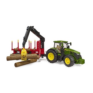 bruder John Deere 7R 350 Traktor mit Rückeanhänger und 4 Baumstämmen 03154 Spielzeugauto