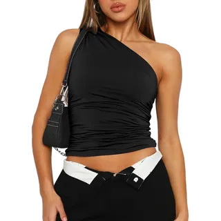 EMOTTOS Sexy Off-Shoulder Tank Top Damen Ärmellose Sommer Shirts Slim Fit Weste, Basic Y2K Crop Top für Damen, Stretch Ausgeh Weste Club Party T-Shirt, Schwarz, L - L