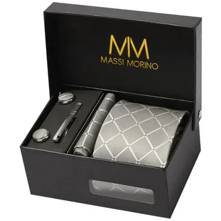 MASSI MORINO Krawatte Grau Quadrat mit Einstecktuch Set Herren inkl. Manschettenknöpfe, Krawattennadel und Geschenkbox | Männer Krawattenset zur Hochzeit - Einheitsgröße