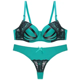 Set aus BH und Höschen in Übergröße, Damen-Push-up-BHs und bequemes Tanga-Set mit Spitze bedruckt mit Blumenmuster (Farbe: Grün, Größe: 90 C) - 90C