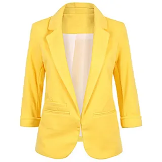 GUOCU Elegante 3/4-Arm Blazer Damen Sakko Einfarbig Slim Fit Vorne Offnung Tasche Tailliert Geschäft Büro Kurzjacke Jacke Mantel Gelb M - M