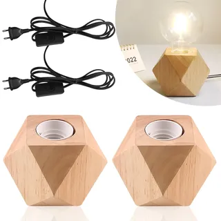 Nizirioo 2 Stück Tischlampe Holz Holzsockel, Diamant-Holzsockel Nachttischlampe EU-Plug E27, Perfekt für Schlafzimmer/Wohnzimmer/Büro (ohne Glühbirne)