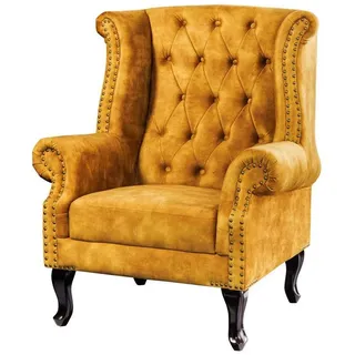 Licht-Erlebnisse Sessel RODRA, Ohrensessel Chesterfield Samt Holz Gelb Braun B: 85 cm Armlehnsessel braun|bunt|gelb
