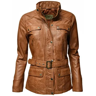 Zimmert Leather Sportliche Damen Lederjacke Bruni mit Umschlagkragen und Gürtel in Braun Schwarz washed echt Leder (38, Cognac) - 38