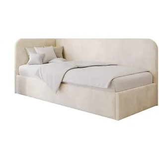 Polsterbett 90x200 cm, Stauraum, Kopfteil, Matratze, Hellbeige, Links | Jugendbett mit und Gasdruckfedern, Gepolstertes Bett mit Kopfteil, modernes Design, Mario-Kollektion