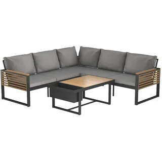 Ambia Garden Loungegarnitur, Natur, Schwarz, Textil, Akazie, massiv, Füllung: Faserbällchen, Vlies,Vlies, Komfortschaum, Eckteil, L-Form, 235x235 cm, Loungemöbel, Gartenlounge-Sets