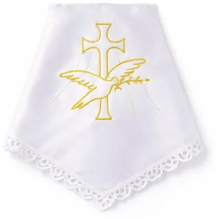 Kerzentuch für Taufkerze aus weißem Satin – Kerzenschmuck Taufe mit Goldstickerei Taube & Kreuz – Christliche Taufdeko – Erinnerungs-Geschenk zur Taufe oder auch Erstkommunion 34 × 34 cm