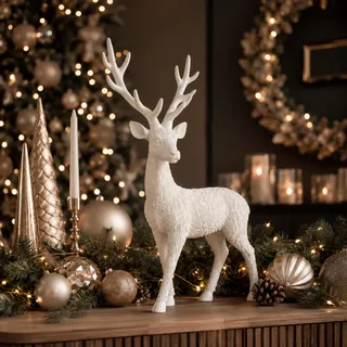 Jumbos Dekowelt Hirsch Dekofigur Weiß – Elegante Hirschfigur mit Geweih – Weihnachtsdeko & Winterdeko für Wohnzimmer, Sideboard und Fensterbank – 4 Größen (9,4 x 5,2 x 14,1 cm)