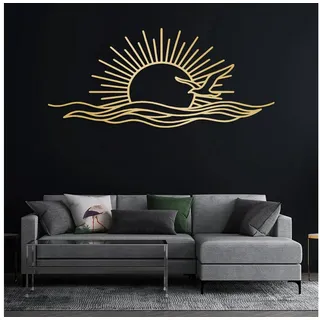Jumpeak Wanddekoobjekt Wanddekoration mit Sonne und Möwen,abstrakter Sonnenaufgang,Wellen, Metall,4 Farben,5 Größen,Strichkunst,Sonnenverzierungen goldfarben 110 cm x 48 cm