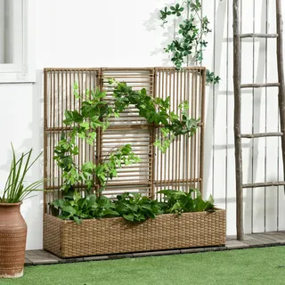 Outsunny Polyrattan Hochbeet mit Rankgitter, Blumenkasten für Garten Sand