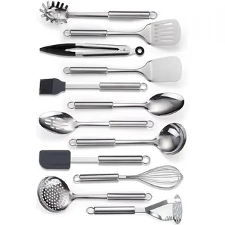 SURFOU Kochbesteck-Set Küchenhelfer Küchenutensilien 12 Stück Edelstahl Silikon Küchenset (Spiegelpolitur, Rostfrei & Spülmaschinenfest, 12-tlg., mit Aufhängeösen, Professionelles Küchengeschirr, Kochzubehör), edelstahl, spülmaschinenfest