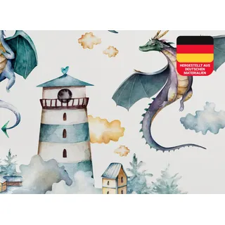 Osomhome Wandtattoo Kinderzimmer Mädchen & Junge: Drachen & Leuchtturm (140x100cm) | Kinderzimmer & Babyzimmer Deko | Wandsticker & Wanddeko Kinderzimmer | Wandaufkleber, Wall Stickers os9601