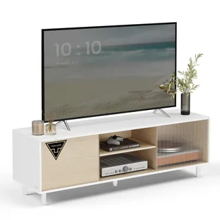 VASAGLE TV-Schrank Lowboard, Snapsemble – superschnelle Montage, Fernsehtisch für Fernseher bis 32/45/50/55/60 Zoll, Modernes Design, Wohnzimmer, Riffelglas, 140 x 39 x 45 cm, Weiß LTV466W01
