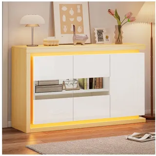 BlingBin Sideboard 140*40*84cm Kommode mit 4 Fächern, Beistellschrank mit LED-Lichtleiste (1er Set, 1 St., Tragend: 50kg, Türen aus gehärtetem Glas, Wohnzimmerschrank), Hochglanz-Sideboard für Flure, Wohnzimmer, Schlafzimmer, Büros, Weiß weiß