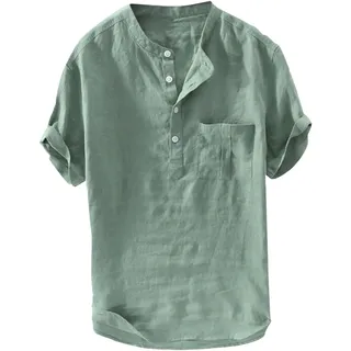 Modaworld Herren Leinenhemd leinen Shirt Sommerhemd Kurzarm Hemden mit Stehkragen Kurze Knopfleiste