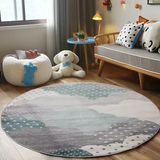 Carpettex Kinderteppich Kinderzimmer Wolke Design Kinder Teppich Babyzimmer Weicher Flor, Farbe: Blau, Größe: 120 cm Rund