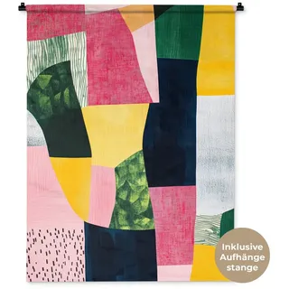 MuchoWow Wandteppich Abstrakt - Rosa - Formen - Gelb, Rechteckig, Höhe: 3 mm, Wanddeko Teppich Wohnzimmer, Schlafzimmer, 90x120 cm gelb|rot Rechteckig | 90 cm x 120 cm x 3 mm