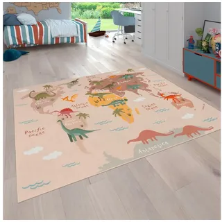 Paco Home Kinderteppich Bino 583, rechteckig, Höhe: 4 mm, Spielteppich, Motiv Weltkarte & Dinosaurier, Kinderzimmer beige 200 cm x 200 cm x 4 mm