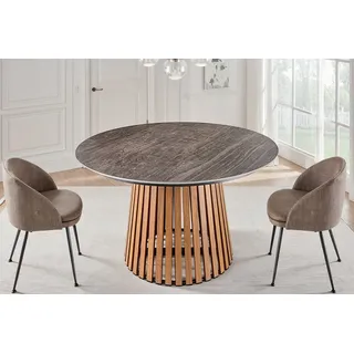 riess-ambiente Esstisch VALHALLA WOOD Ø115cm grau / braun · bis 6 Personen (Einzelartikel, 1-St), Keramik · rund · Indoor · Outdoor · Lamellen-Design · Japandi-Stil braun|grau