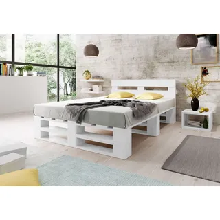 Lermowood Palettenbett M2 200 x 200 cm mit Kopfteil Grau, Erhöhte Komforthöhe 40 cm, Massivholz - Weiß