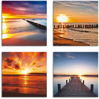 Leinwandbild ARTLAND "Ostsee Strand Sonne Sonnenuntergang" Bilder Gr. B/H: 40 cm x 40 cm, Leinwandbild Strand quadratisch, 4 St., rot Leinwandbilder 4er Set, verschiedene Größen