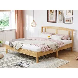 SeedWave Massivholzbett Doppelbett mit Rattan Bettkopfteil, Holzbett, Lattenrosten,160X200cm