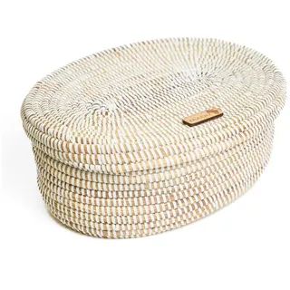 YAADU Brotkorb geflochtener Aufbewahrungskorb mit Deckel, Savannengras, 32x24cm - Handgefertigt in Afrika aus traditioneller Flechtkunst weiß
