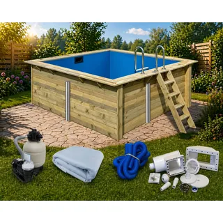 Massivholz Holzpool Rechteck 350x320x124 cm Set Sandfilter Folie Leiter V2A Holz
