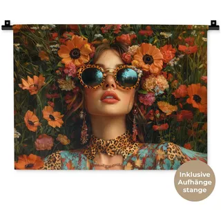 MuchoWow Wandteppich Frauen - Blumen - Modern - Brille - Abstrakt, Rechteckig, Höhe: 3 mm, Wanddeko Teppich Wohnzimmer, Schlafzimmer, 60x45 cm bunt Rechteckig | 60 cm x 45 cm x 3 mm