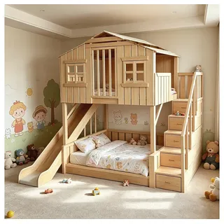Muxing Etagenbett Kinderbett Baumhaus-Stil mit Rutsche, Treppe & Stauraum (1-St) beige 220 cm x 295 cm x 235 cm