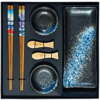 Jade Temple Keramik Sushi Set mit Dippschale und Essstäbchen Blau