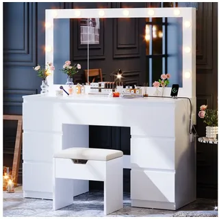 Furnicopia Schminktisch Großer verspiegelter Schminktisch mit sieben Schubladen (Abmessungen: 120 × 40 × 140 cm, 2 Steckdosen, 1 USB-Anschluss, 1 Typ-C-Anschluss. Spiegeldurchmesser: 106 cm. Inklusive Schmuckschrank mit speziellen Fächern für Halsketten, Ringe und Ohrringe-ostern geschenke) Schminktisch mit Hocker | 120 cm