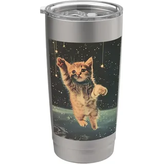 Niedliche Katze, Kätzchen im Weltraum, lustig, Retro-Kunst, Vintage Doppelwandiger Edelstahl-Thermobecher