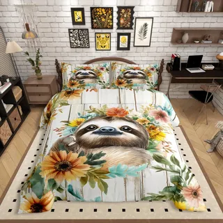 Homewish Faultier Bettwäsche 135x200 Kinder, Langsames Faultier Bettbezug Niedlich für Mädchen Jungen, Graubraun Ästhetische Blumen Bett Set, mit 1 Kissenbezug Holzbrett Dekor, Weiche Mikrofaser