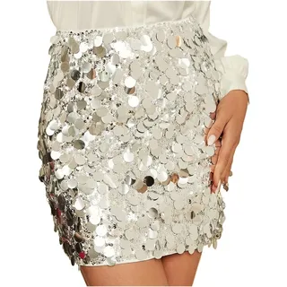 HWJFDC Pailletten Rock Damen Pailletten Mini Silber Rock Glänzend Glitzer Glitzern Bleistift Party Designer Kleidung Performance Club Streetwear(Silver,XL)