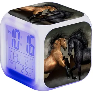 Nicole Knupfer Wecker Pferde Tier Alarm Kinder Beleuchteter LED Night Glowing Wecker mit Licht Aufwachen Geburtstagsgeschenke für Erwachsene (A)