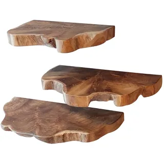 Wandregal Kamelia Teakholz massiv mit Baumkante, modern, Natur Braun, 3er-Set, Unikat