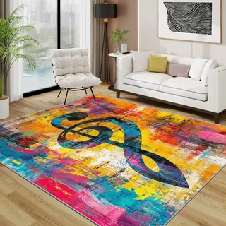 TerroVee Musik Teppich 200x200 cm, Bunt Abstrakt Violinschlüssel Waschbarer Teppiche Wohnzimmer, Musikalische Note rutschfest Antirutsch Groß Teppiche Für Esszimmer, Quadratisch, Blau Gelb Orange