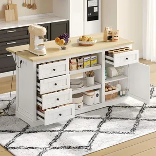 Küchenschrank mit Klappbarer Arbeitsplatte, Kücheninsel Bar-Schrank für Küche und Esszimmer, Sideboard mit Großen Stauram, 150x65x75,5cm(LxBxH)