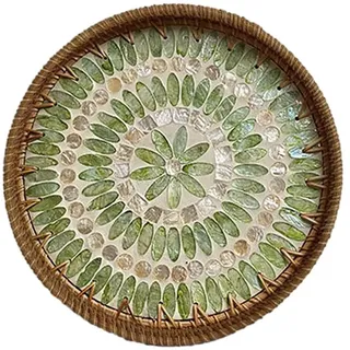 30 cm rundes Rattan-Serviertablett, handgewebtes Mosaik-Tablett mit Holzsockel für Couchtisch, dekoratives Weidenholztablett, Lacktablett, Lebensmittelkorb