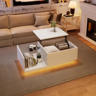 Couchtisch Höhenverstellbar, Couchtisch Holz mit Hebeplatte, Offenem Stauraum und Glas Ablagen, Wohnzimmertisch mit LED-Beleuchtung und Bluetooth-APP-Steuerung, Weißer Kaffeetisch für Wohnzimmer