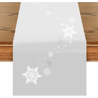 Tischläufer Weihnachten Grau Winter 40x140 Schneeflocken Stickerei Modern | Heller grauer Läufer, schlicht und modern, passend zu skandinavischer und klassischer Weihnachtsdeko