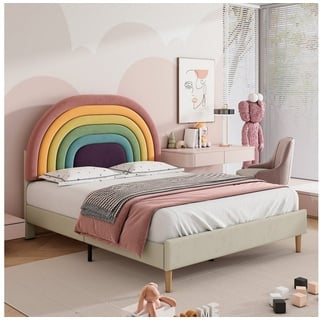 Flieks Polsterbett, Kinderbett mit verstellbarem Regenbogen-Kopfteil 140x200cm Samt beige 140 cm x 206 cm x 118.5 cm