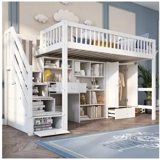 Flieks Hochbett Kinderbett Etagenbett mit Schreibtisch, Schrank, Stautreppe 90x200cm weiß