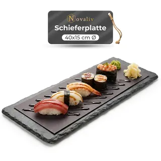 Novaliv Schieferplatte rechteckig I 40x15x0,5 cm I Schiefer Platte Schieferteller Servierteller Servierplatte Schiefer Teller Deko schmall